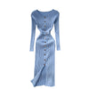 Autumn women's temperament o neck buckle slim waist hips sweater dress womens elastic knitted elegant midi dress female fashion