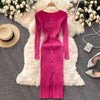 Autumn women's temperament o neck buckle slim waist hips sweater dress womens elastic knitted elegant midi dress female fashion