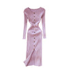Autumn women's temperament o neck buckle slim waist hips sweater dress womens elastic knitted elegant midi dress female fashion