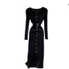 Autumn women's temperament o neck buckle slim waist hips sweater dress womens elastic knitted elegant midi dress female fashion