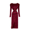 Autumn women's temperament o neck buckle slim waist hips sweater dress womens elastic knitted elegant midi dress female fashion
