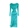 Autumn women's temperament o neck buckle slim waist hips sweater dress womens elastic knitted elegant midi dress female fashion