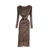 Autumn women's temperament o neck buckle slim waist hips sweater dress womens elastic knitted elegant midi dress female fashion