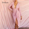 Avrilyaan Autumn High Elasticity Deep V Pleated Sexy Dress Women Split Midi Bodycon Elegant Dress Vestidos Club Party Dresses