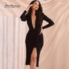 Avrilyaan Autumn High Elasticity Deep V Pleated Sexy Dress Women Split Midi Bodycon Elegant Dress Vestidos Club Party Dresses