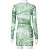 Avrilyaan Green Print Lace Up Sexy Bodycon Dress Women 2022 Pleat Robes Hollow Party Dresses Elegant Mini Autumn Dress Vestidos