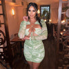 Avrilyaan Green Print Lace Up Sexy Bodycon Dress Women 2022 Pleat Robes Hollow Party Dresses Elegant Mini Autumn Dress Vestidos