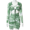 Avrilyaan Green Print Lace Up Sexy Bodycon Dress Women 2022 Pleat Robes Hollow Party Dresses Elegant Mini Autumn Dress Vestidos