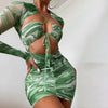 Avrilyaan Green Print Lace Up Sexy Bodycon Dress Women 2022 Pleat Robes Hollow Party Dresses Elegant Mini Autumn Dress Vestidos