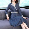 Azterumi Spring Autmn Women Denim Dress Women Elegant Three Quarter Sleeve Midi Dresses OL Work Wear A-line Waist Dress