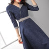 Azterumi Spring Autmn Women Denim Dress Women Elegant Three Quarter Sleeve Midi Dresses OL Work Wear A-line Waist Dress