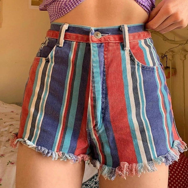 B-TOTO American Retro Color Striped Fringe Shorts Pants Trendy Ins Female Summer Jeans 2022 Fashion