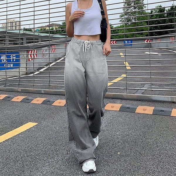 B-TOTO American Retro Gray Gradient Wide-leg Pants Trendy Ins Women's Loose Mopping Jeans 2022 Fashion