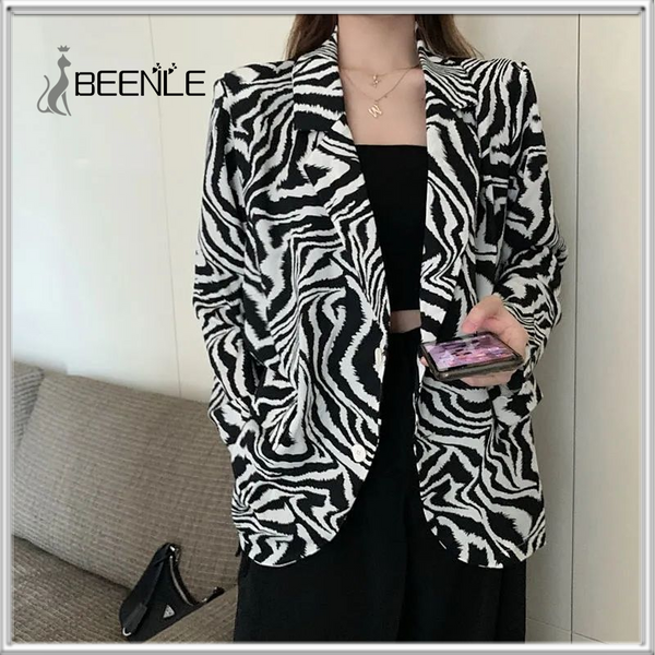 BEENLE Blazer Woman Spring 2023 Korean Spring Coat Long-sleeved Zebra Print Chiffon Designer Cardigan Women Clothing