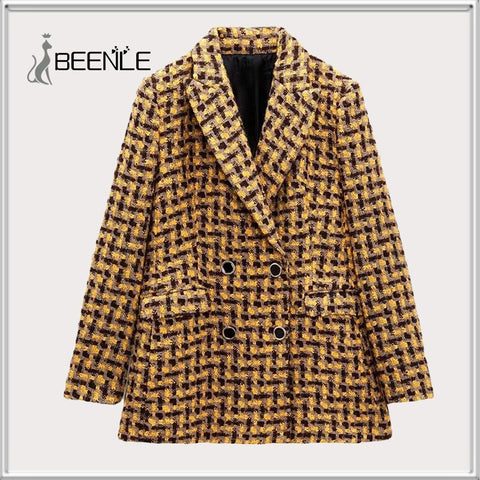 BEENLE Women 2022 Double Breasted Tweed Blazer Coat Vintage Long Sleeve Welt Pockets Female Outerwear Chic Veste Femme