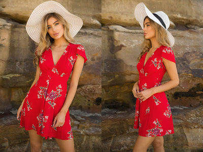 Floral Print Summer Dress Women Sexy V Neck Short Sleeve Mini Dresses Femme Casual Beach Short Dress vestidos