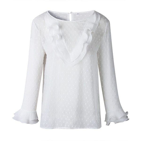 Fashion Polka Dot Women Tops And Blouses Long Sleeve Elegant Ruffles White Blouse Shirt Casual Round Neck Women Clothes