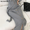 BGTEEEVR Chic Turn-down Collar Women Long Plaid Dress Single-breasted Belted Female Dress Full Sleeve Bodycon Vestidos