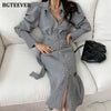 BGTEEEVR Chic Turn-down Collar Women Long Plaid Dress Single-breasted Belted Female Dress Full Sleeve Bodycon Vestidos