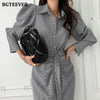 BGTEEEVR Chic Turn-down Collar Women Long Plaid Dress Single-breasted Belted Female Dress Full Sleeve Bodycon Vestidos