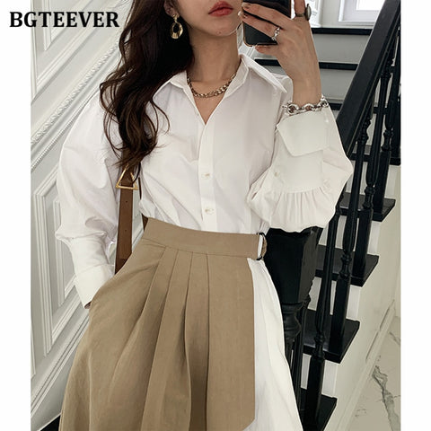 BGTEEEVR Stylish Women Turn-down Collar Irregular Shirt Dress Elegant Long Sleeve Female Pleated Dress 2023 Spring 2 Pieces
