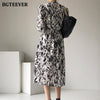 BGTEEVER 2023 Spring Stand Collar Women Full Sleeve Dress Elegant Hit Color Female Lace-up Printed Midi Dress Vestidos