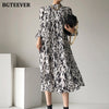 BGTEEVER 2023 Spring Stand Collar Women Full Sleeve Dress Elegant Hit Color Female Lace-up Printed Midi Dress Vestidos