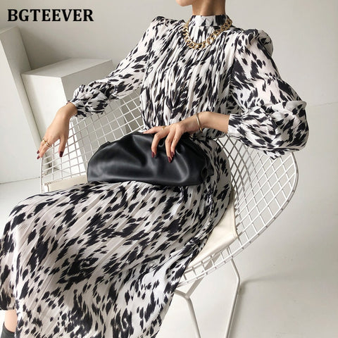 BGTEEVER 2023 Spring Stand Collar Women Full Sleeve Dress Elegant Hit Color Female Lace-up Printed Midi Dress Vestidos