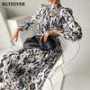 BGTEEVER 2023 Spring Stand Collar Women Full Sleeve Dress Elegant Hit Color Female Lace-up Printed Midi Dress Vestidos