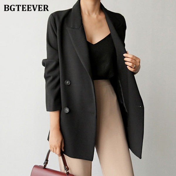 BGTEEVER Autumn Notched Collar Women Blazer Elegant Long Sleeve Loose Double Breasted Female Suits Jackets 2022