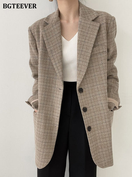 BGTEEVER Autumn Winter Single Breasted Woolen Jackets Women Casual Thick Warm Coats Female Elegant Plaid Office Lady Outerwear