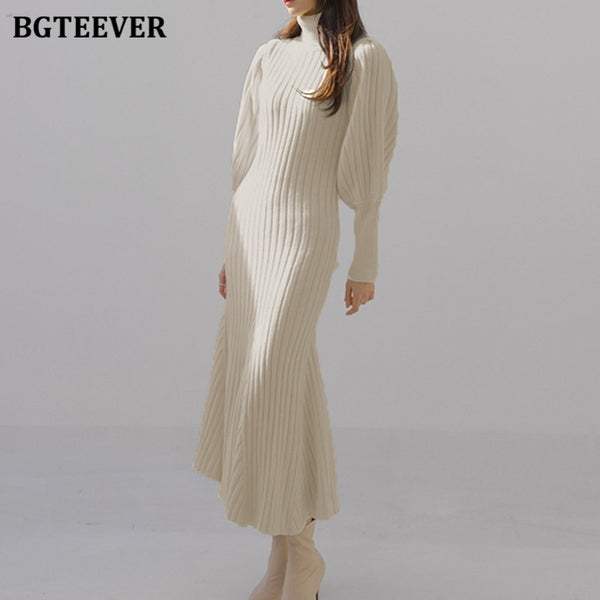 BGTEEVER Autumn Winter Turtleneck Women Knitted Dress 2023 Elegant Thick Full Sleeve Slim Mermaid Vestidos Femme