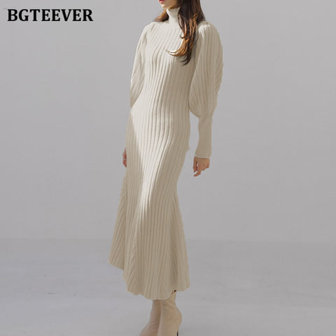 BGTEEVER Autumn Winter Turtleneck Women Knitted Dress 2023 Elegant Thick Full Sleeve Slim Mermaid Vestidos Femme