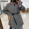 BGTEEVER Autumn Winter Vintage Houndstooth Woolen Blazer Jackets for Women Double Breasted Belted Female Outwear with belt 2023