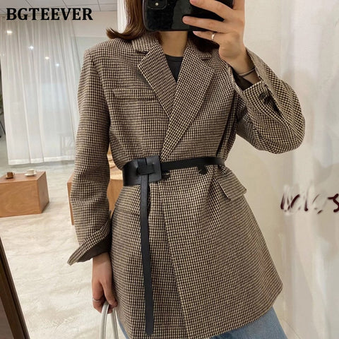 BGTEEVER Autumn Winter Vintage Houndstooth Woolen Blazer Jackets for Women Double Breasted Belted Female Outwear with belt 2022