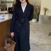 BGTEEVER Autumn Winter Vintage Notched Collar Women Long Jacket Double Breasted Lace-up Female Suit Blazer 2022