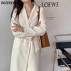 BGTEEVER Autumn Winter Vintage Notched Collar Women Long Jacket Double Breasted Lace-up Female Suit Blazer 2022