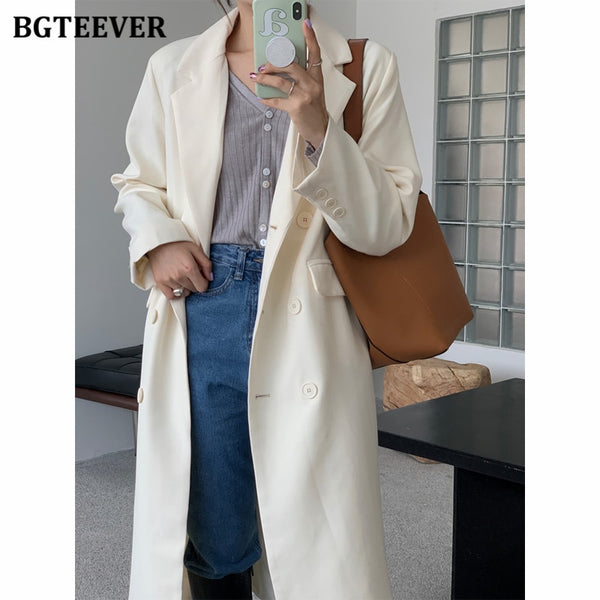 BGTEEVER Autumn Winter Vintage Notched Collar Women Long Jacket Double Breasted Lace-up Female Suit Blazer 2022