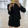 BGTEEVER Casual Chic Women Skirt Suits Notched Collar Single Button Suit Jacket & Pleated Mini Skirts Summer 2 Pieces Blazer Set