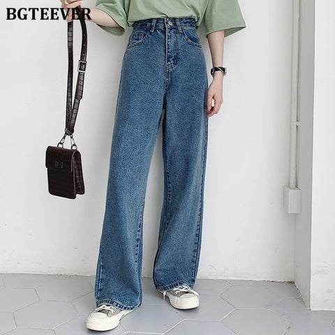 BGTEEVER Casual High Waist Loose Women Denim Jeans Streetwear Vintage Long Wide Leg Jeans Pants Female Trousers Capris 2022