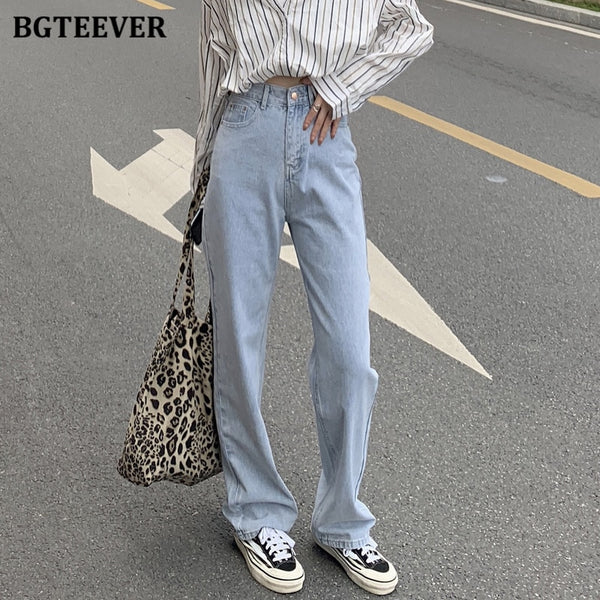 BGTEEVER Casual Loose Floor-Length Jeans Pants for Women High Waist Pockets Ladies Straight Denim Pants Summer Female Trousers