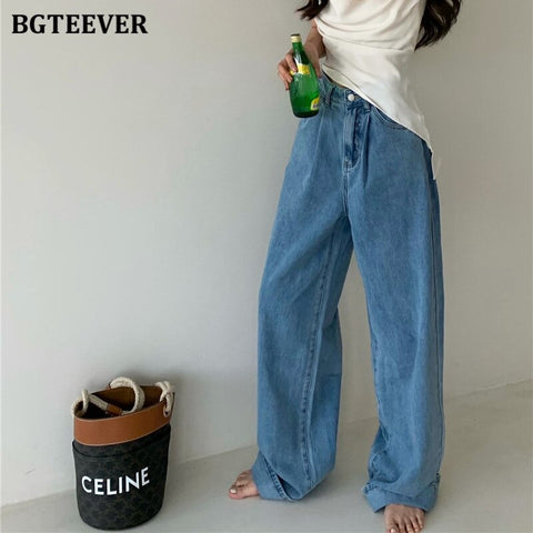 BGTEEVER Casual Loose Wide Leg Jeans Trousers for Women Summer Ladies Straight Pantalon High Waist Button Female Denim Pants
