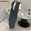 BGTEEVER Casual Loose Women Skirt Suits Sleeveless Double Breasted Jackets & Loose Straight Skirts 2023