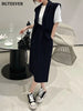 BGTEEVER Casual Loose Women Skirt Suits Sleeveless Double Breasted Jackets & Loose Straight Skirts 2023