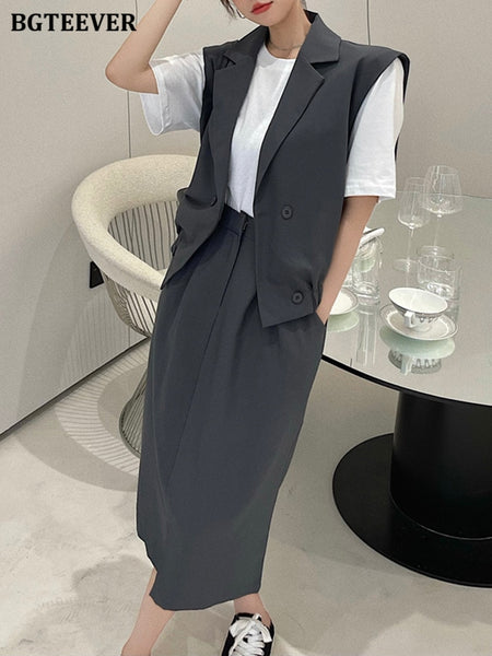 BGTEEVER Casual Loose Women Skirt Suits Sleeveless Double Breasted Jackets & Loose Straight Skirts 2023