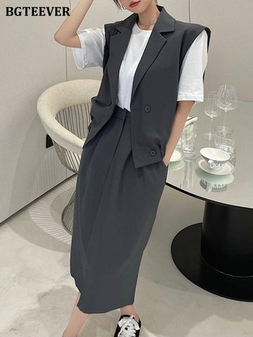 BGTEEVER Casual Loose Women Skirt Suits Sleeveless Double Breasted Jackets & Loose Straight Skirts 2023
