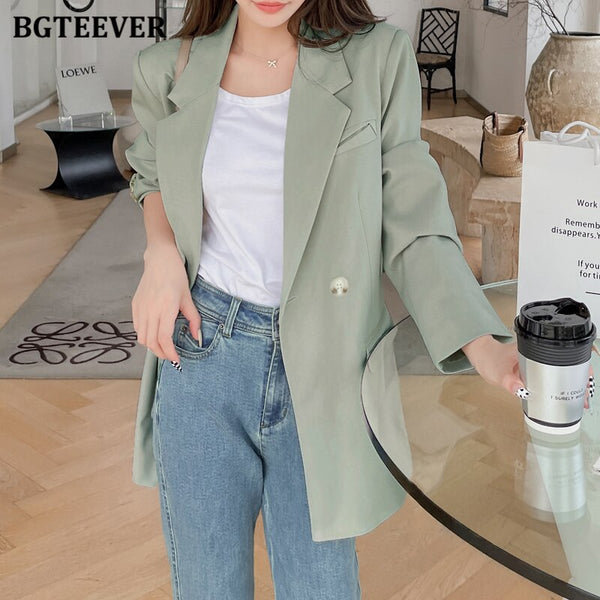 BGTEEVER Casual Oversized Women Jacket 2022 Autumn Winter Loose Double Breasted Female Suit Coats Elegant Green Female Blazer