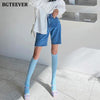 BGTEEVER Casual Summer Half Denim Shorts for Women High Waist Loose Pockets Female Straight Jeans Shorts 2022 Ladies Streetwear