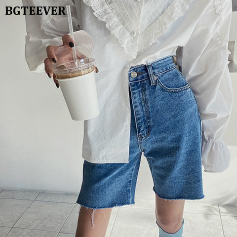 BGTEEVER Casual Summer Half Denim Shorts for Women High Waist Loose Pockets Female Straight Jeans Shorts 2022 Ladies Streetwear