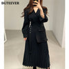 BGTEEVER Casual V-neck Slim Waist Belted Female Dress 2023 Spring Elegant Full Sleeve Women Pleated Vestidos Ladies Midi Dress